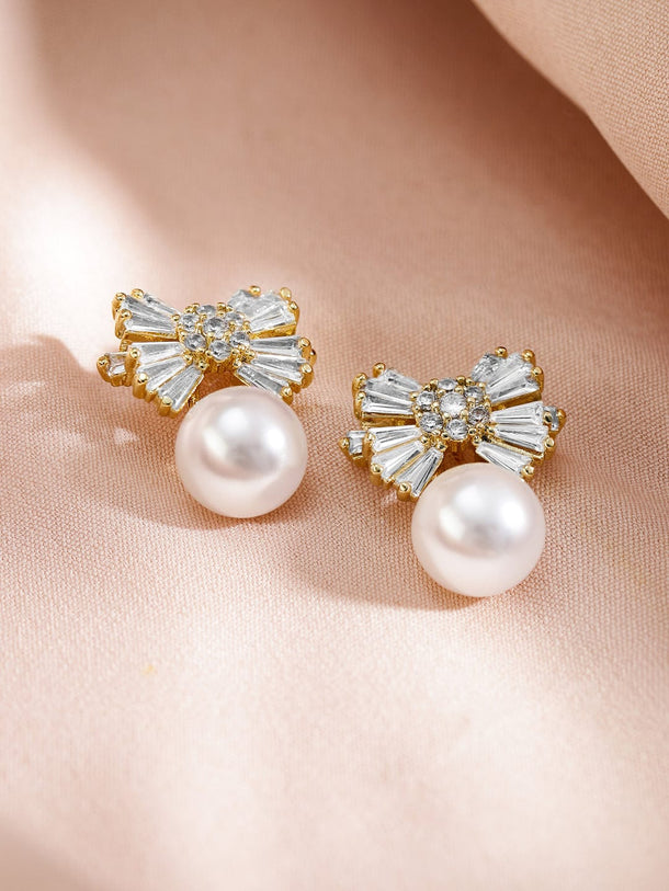Rubans 18K Gold-Plated Pearl and Crystal Bow Pendant Necklace and Earrings Necklace & Chains