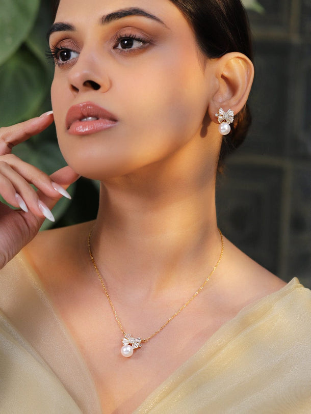 Rubans 18K Gold-Plated Pearl and Crystal Bow Pendant Necklace and Earrings Necklace & Chains