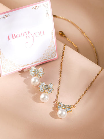 Rubans 18K Gold-Plated Pearl and Crystal Bow Pendant Necklace and Earrings Necklace Set