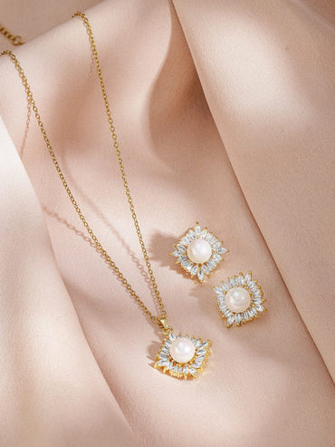 Rubans 18K Gold-Plated Pearl and Crystal Pendant Necklace and Stud Earrings Jewellery Set