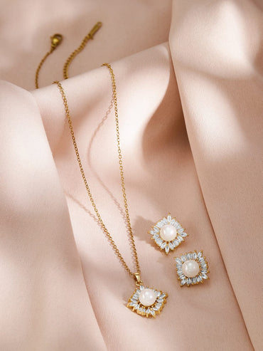 Rubans 18K Gold-Plated Pearl and Crystal Zirconia Studded Pendant Necklace and Stud Earrings Necklace & Chains