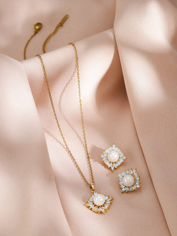 Rubans 18K Gold-Plated Pearl and Crystal Zirconia Studded Pendant Necklace and Stud Earrings Necklace & Chains
