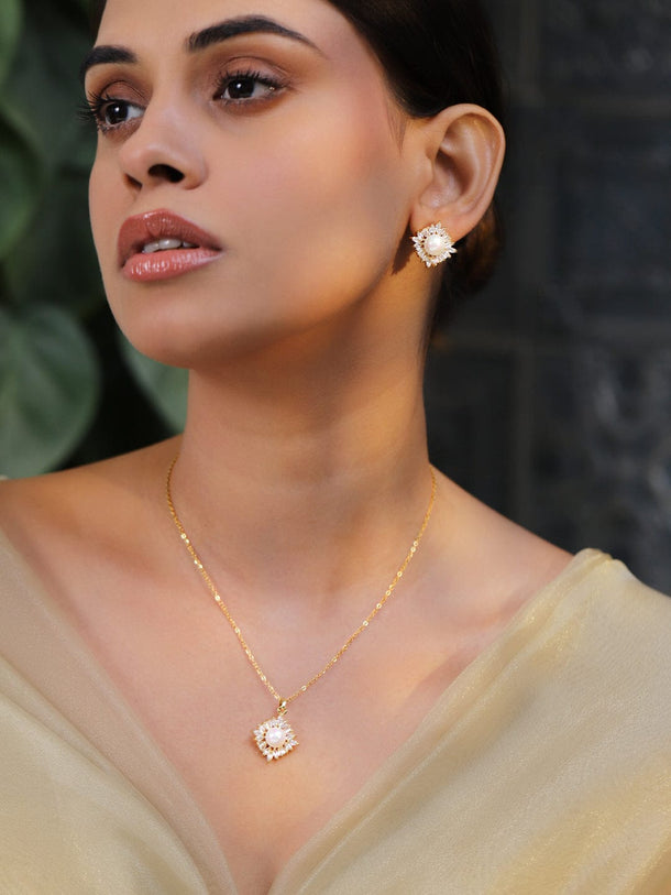 Rubans 18K Gold-Plated Pearl and Crystal Zirconia Studded Pendant Necklace and Stud Earrings Necklace & Chains