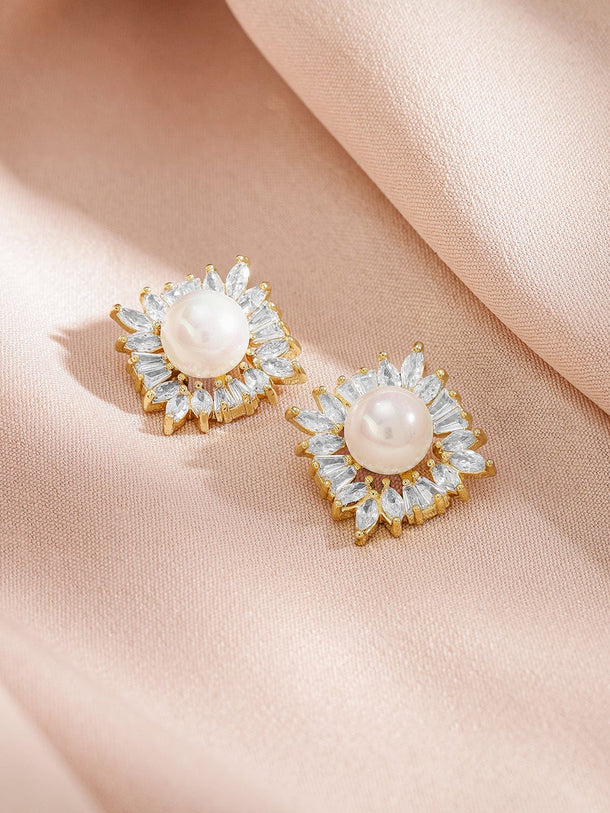 Rubans 18K Gold-Plated Pearl and Crystal Zirconia Studded Pendant Necklace and Stud Earrings Necklace & Chains