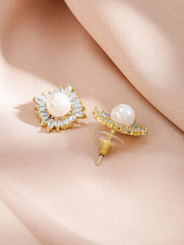 Rubans 18K Gold-Plated Pearl and Crystal Zirconia Studded Pendant Necklace and Stud Earrings Necklace & Chains