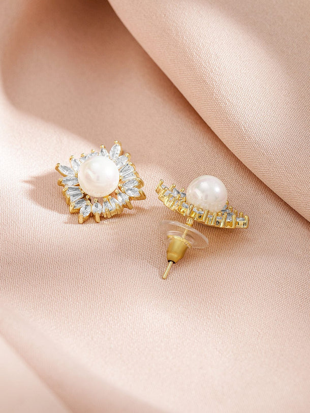 Rubans 18K Gold-Plated Pearl and Crystal Zirconia Studded Pendant Necklace and Stud Earrings Necklace & Chains