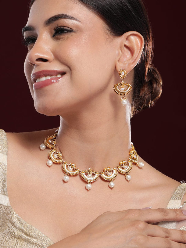 Rubans 18K Gold-Plated Pearl and Kundan Studded Temple Necklace Set Necklace set