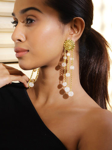 Rubans 18K Gold-Plated Pearl Bead & Chain Layered Long & Bold Statement Earrings Earrings