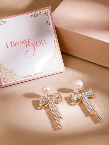 Rubans 18K Gold Plated Pearl & Cubic Zirconia Bow Drop Earrings Earrings