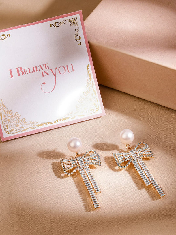 Rubans 18K Gold Plated Pearl & Cubic Zirconia Bow Drop Earrings Earrings