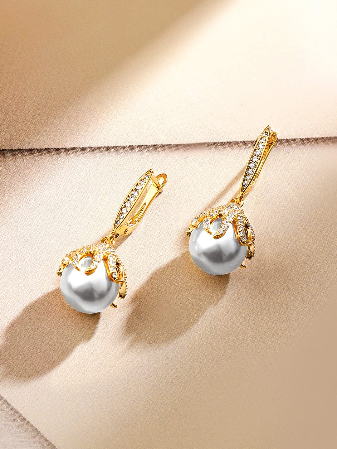 Rubans 18K Gold-Plated Pearl & Cubic Zirconia Studded Pendant Necklace & Earrings Set Jewellery Set