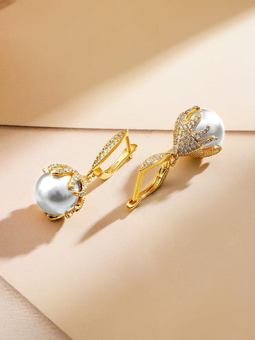 Rubans 18K Gold-Plated Pearl & Cubic Zirconia Studded Pendant Necklace & Earrings Set Jewellery Set