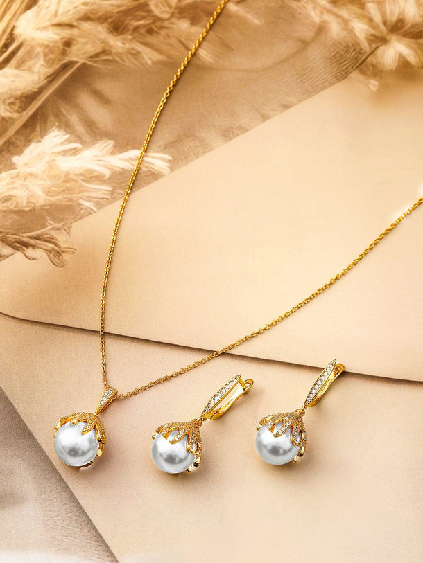 Rubans 18K Gold-Plated Pearl & Cubic Zirconia Studded Pendant Necklace & Earrings Set Jewellery Set