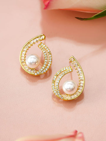 Rubans 18K Gold-Plated Pearl & Cubic Zirconia Studded Swirl Design Stud Earrings Earrings