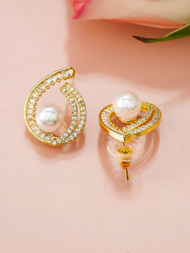 Rubans 18K Gold-Plated Pearl & Cubic Zirconia Studded Swirl Design Stud Earrings Earrings