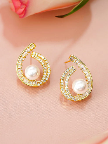 Rubans 18K Gold-Plated Pearl & Cubic Zirconia Studded Swirl Design Stud Earrings Earrings