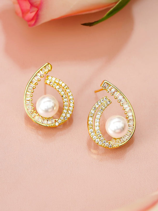 Rubans 18K Gold-Plated Pearl & Cubic Zirconia Studded Swirl Design Stud Earrings Earrings