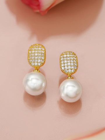 Rubans 18K Gold-Plated Pearl Drop Earrings with Cushion-Shaped Diamond Studded Top Earrings