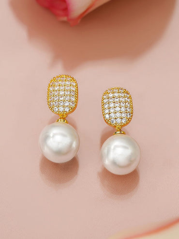 Rubans 18K Gold-Plated Pearl Drop Earrings with Cushion-Shaped Diamond Studded Top Earrings