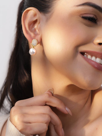 Rubans 18K Gold-Plated Pearl Drop Earrings with Cushion-Shaped Diamond Studded Top Earrings