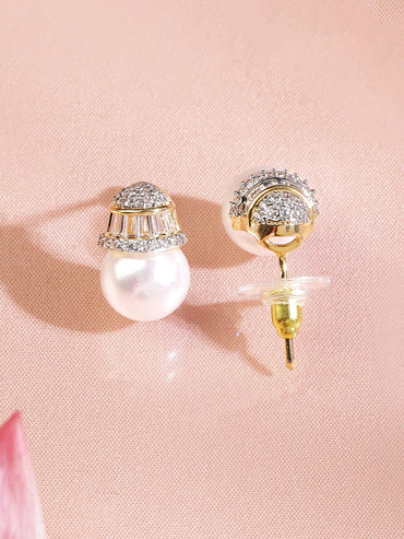 Rubans 18K Gold-Plated Pearl Drop Pendant Necklace Set with Cubic Zirconia Cap and Pearl Beaded Chain Jewellery Set