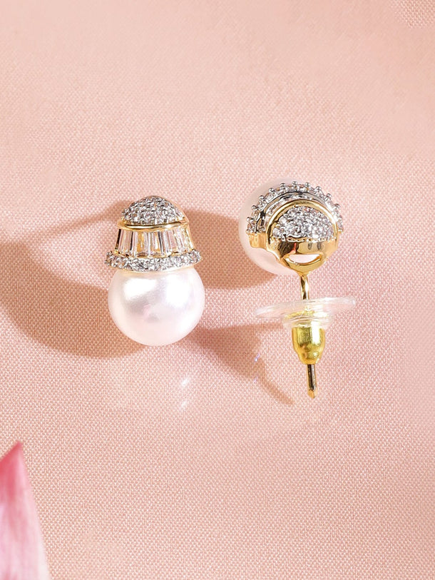 Rubans 18K Gold-Plated Pearl Drop Pendant Necklace Set with Cubic Zirconia Cap and Pearl Beaded Chain Jewellery Set