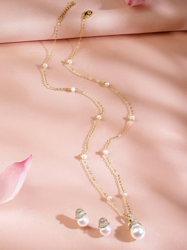 Rubans 18K Gold-Plated Pearl Drop Pendant Necklace Set with Cubic Zirconia Cap and Pearl Beaded Chain Jewellery Set