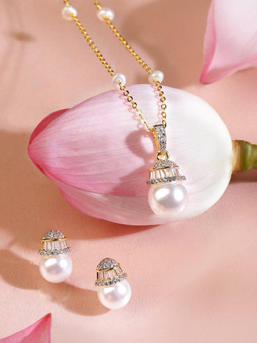 Rubans 18K Gold-Plated Pearl Drop Pendant Necklace Set with Cubic Zirconia Cap and Pearl Beaded Chain Jewellery Set