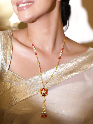 Rubans 18K Gold-Plated Pearl & Multicolor Beaded Floral Red Enamel Pendant Tassel Necklace Jewellery Set
