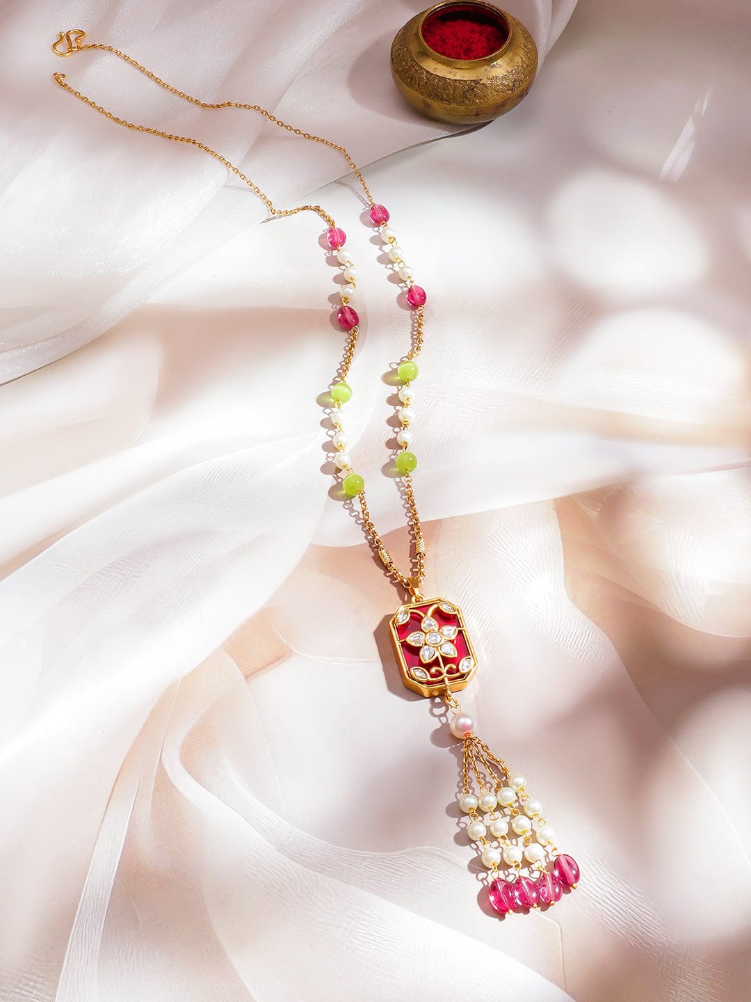 Rubans 18K Gold-Plated Pearl & Multicolor Beaded Floral Red Enamel Pendant Tassel Necklace Jewellery Set
