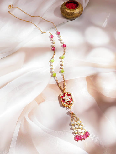 Rubans 18K Gold-Plated Pearl & Multicolor Beaded Floral Red Enamel Pendant Tassel Necklace Jewellery Set