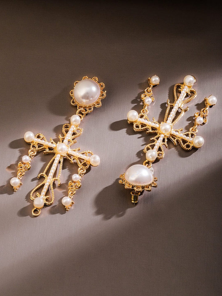 Rubans 18K Gold-Plated Pearl-Studded Cross Design Long Statement Earrings Earrings