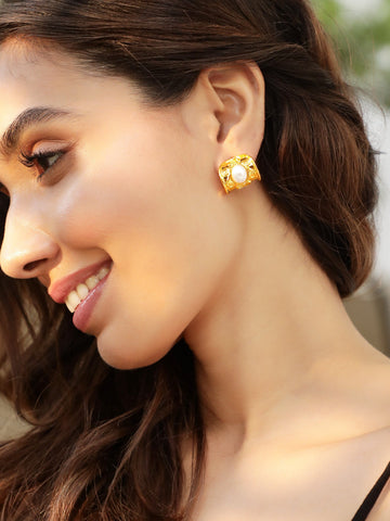 Rubans 18K Gold Plated Pearl Studded Half Hoop Earrings with Intricate Scroll Design Hoop Earrings