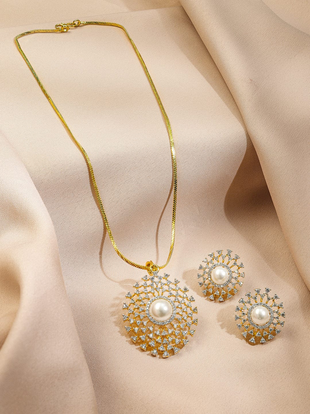 Rubans 18K Gold-Plated Pearl & White Cubic Zirconia Studded Sunburst Pendant Necklace Set Jewellery Set