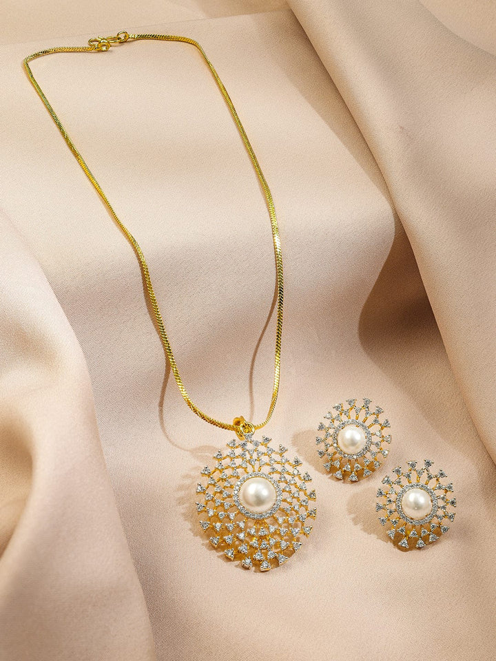 Rubans 18K Gold-Plated Pearl & White Cubic Zirconia Studded Sunburst Pendant Necklace Set Jewellery Set