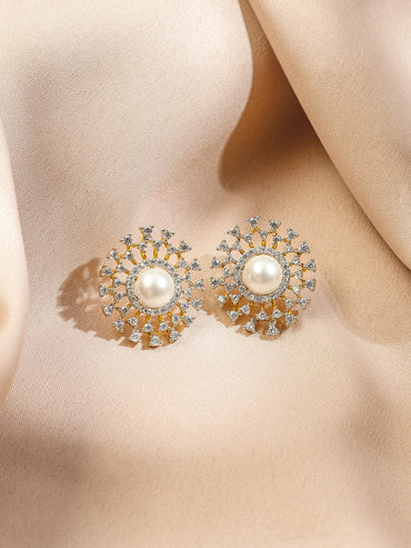 Rubans 18K Gold-Plated Pearl & White Cubic Zirconia Studded Sunburst Pendant Necklace Set Jewellery Set