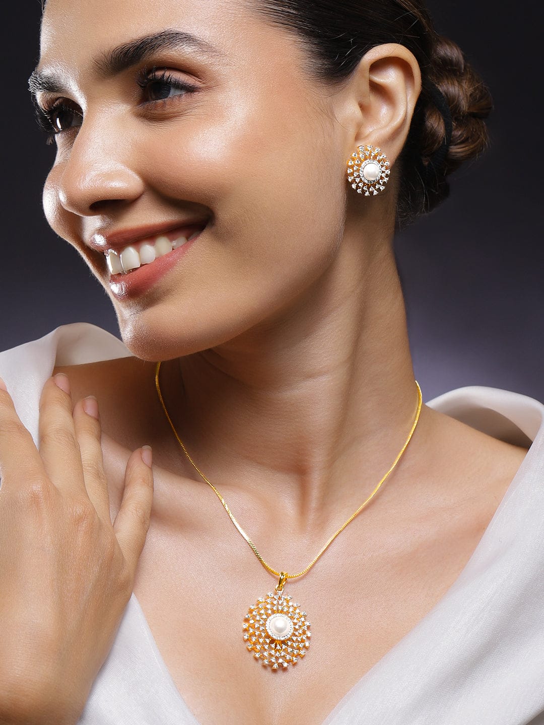 Rubans 18K Gold-Plated Pearl & White Cubic Zirconia Studded Sunburst Pendant Necklace Set Jewellery Set