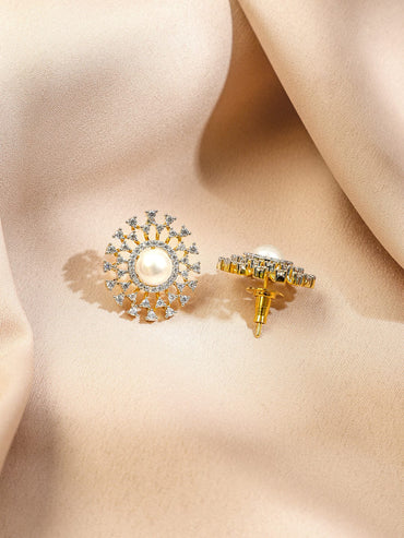 Rubans 18K Gold-Plated Pearl & White Cubic Zirconia Studded Sunburst Pendant Necklace Set Jewellery Set