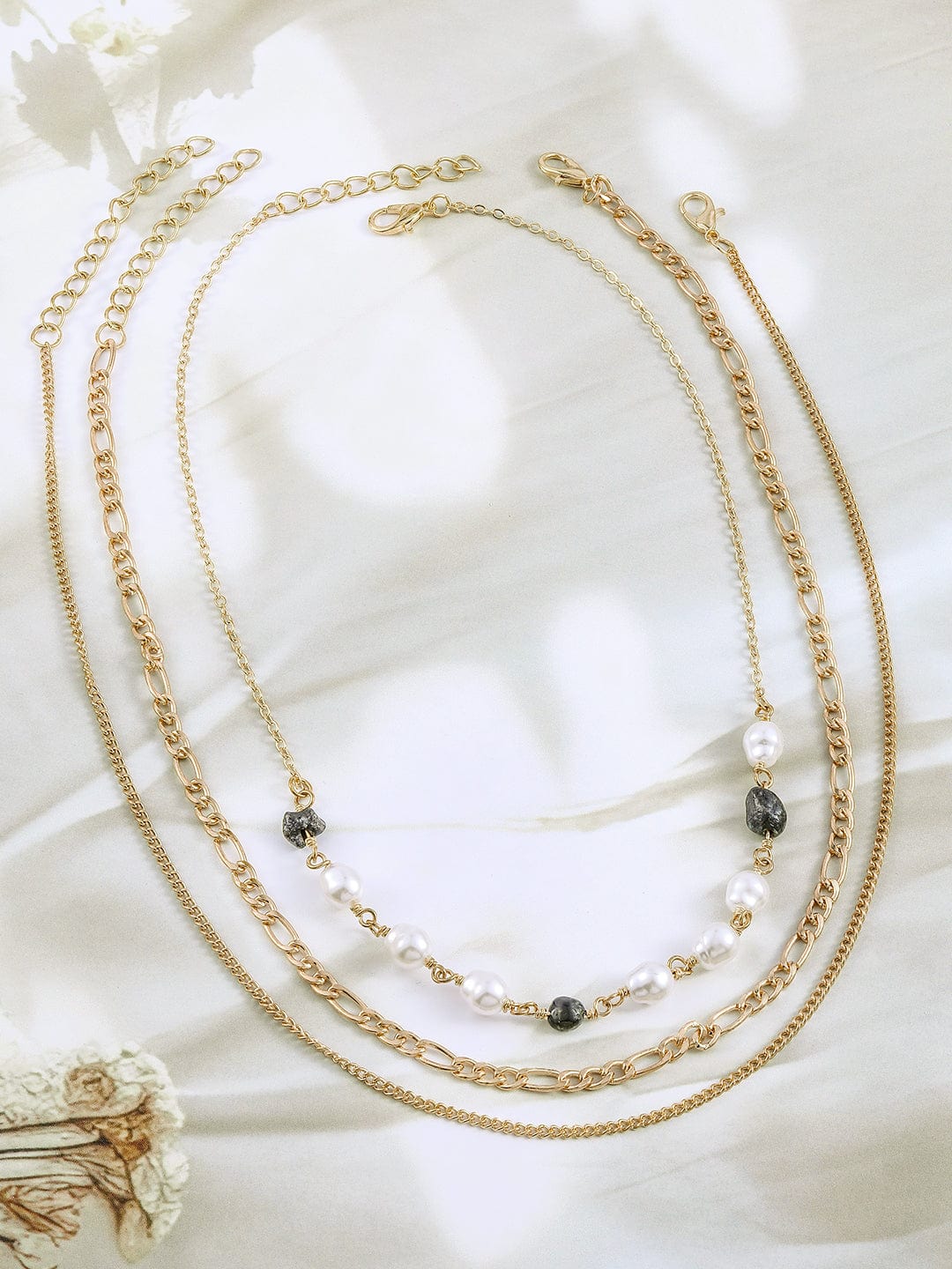 Rubans 18K Gold Plated Pearls & Cuban Link Chain Triple Layered Necklace Necklaces, Necklace Sets, Chains & Mangalsutra