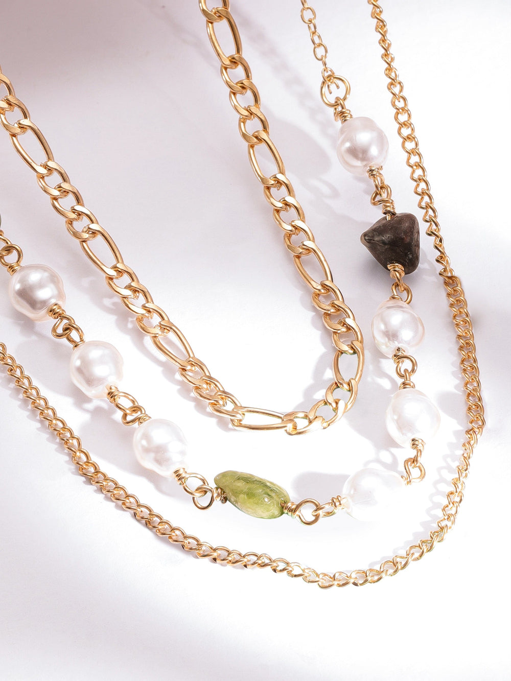 Rubans 18K Gold Plated Pearls & Cuban Link Chain Triple Layered Necklace Necklaces, Necklace Sets, Chains & Mangalsutra