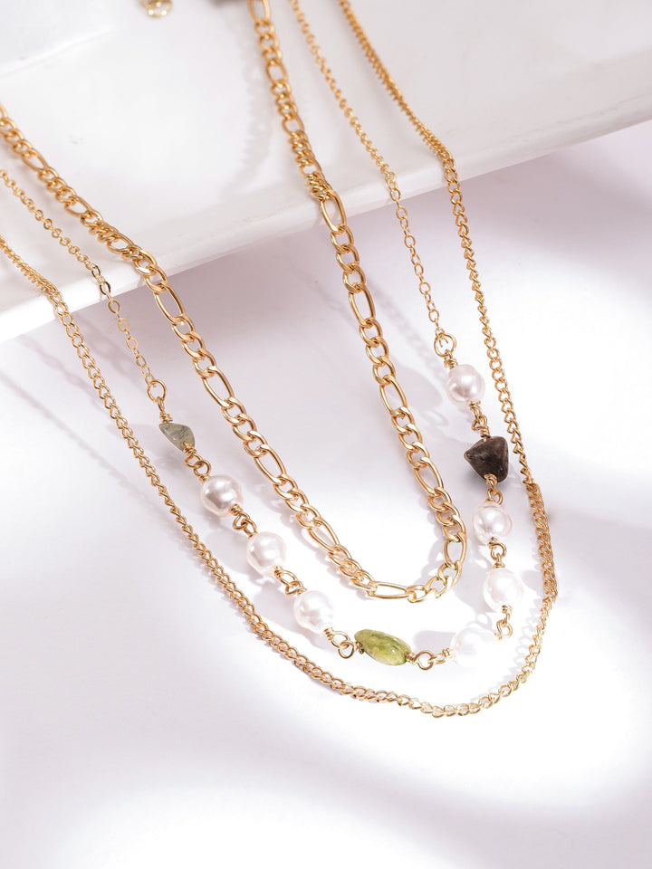 Rubans 18K Gold Plated Pearls & Cuban Link Chain Triple Layered Necklace Necklaces, Necklace Sets, Chains & Mangalsutra