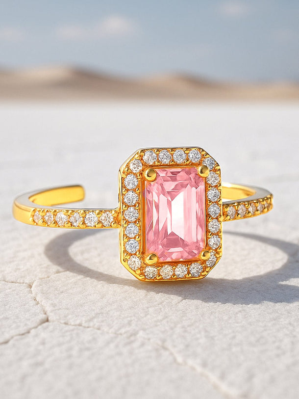 Rubans 18K Gold-Plated Pink Emerald Cut Cubic Zirconia Studded Adjustable Finger Ring Finger Ring