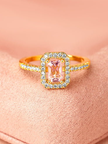 Rubans 18K Gold-Plated Pink Emerald Cut Cubic Zirconia Studded Adjustable Finger Ring Rings