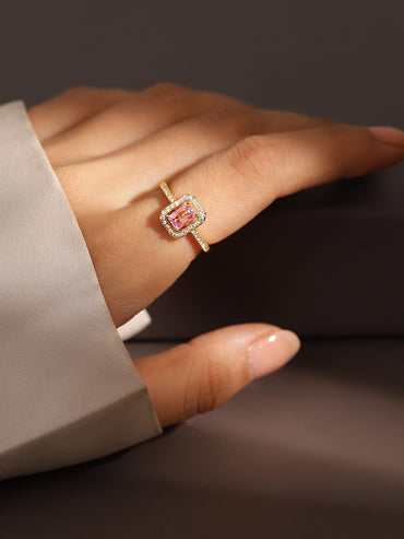 Rubans 18K Gold-Plated Pink Emerald Cut Cubic Zirconia Studded Adjustable Finger Ring Rings
