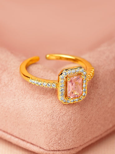 Rubans 18K Gold-Plated Pink Emerald Cut Cubic Zirconia Studded Adjustable Finger Ring Rings