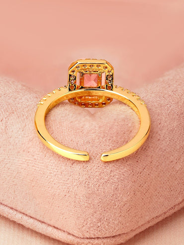 Rubans 18K Gold-Plated Pink Emerald Cut Cubic Zirconia Studded Adjustable Finger Ring Rings