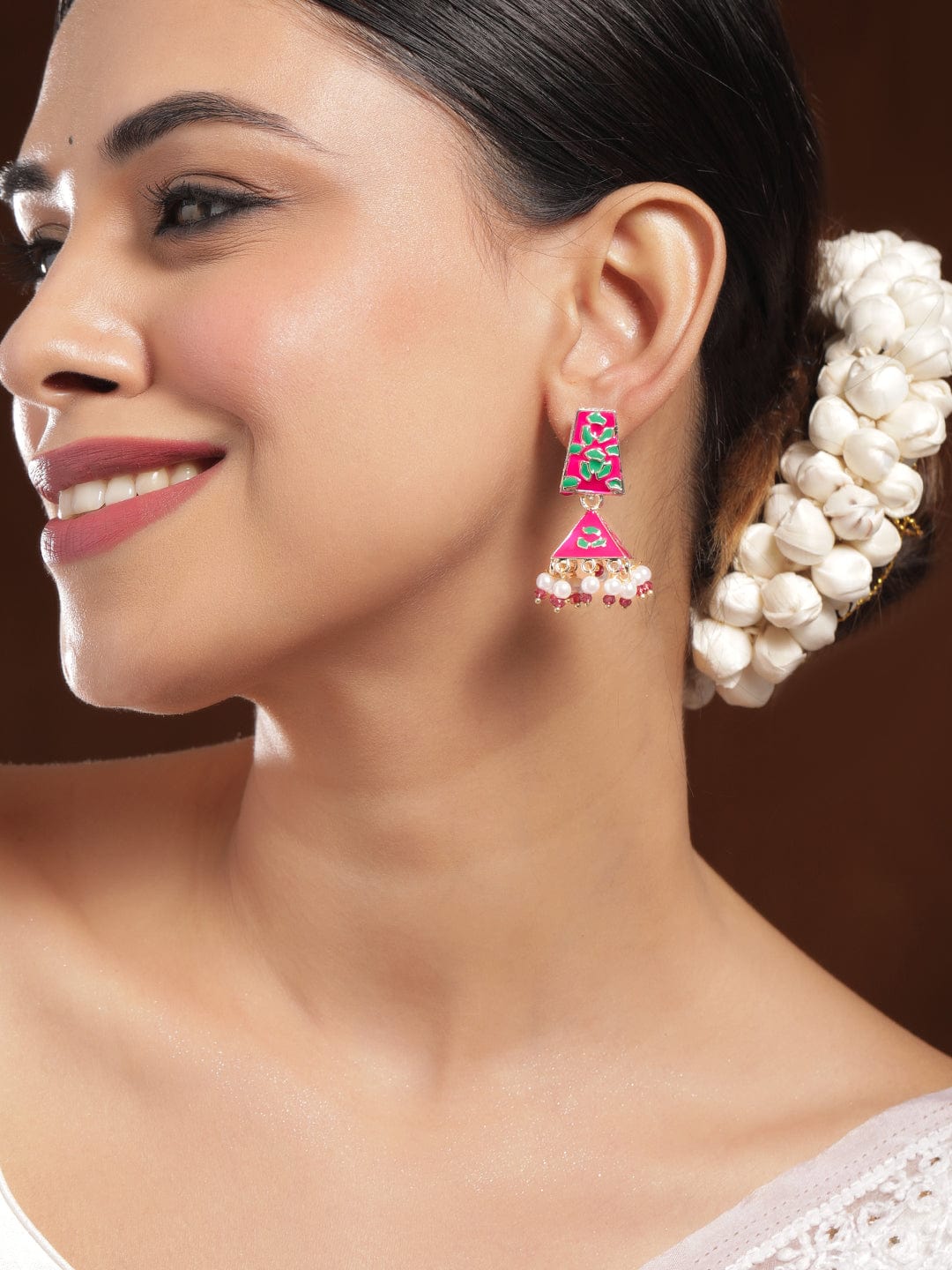 Rubans 18K Gold-Plated Pink & Green Enamelled Jhumka Earring with Pearl and Bead Detailing Jhumka Earrings