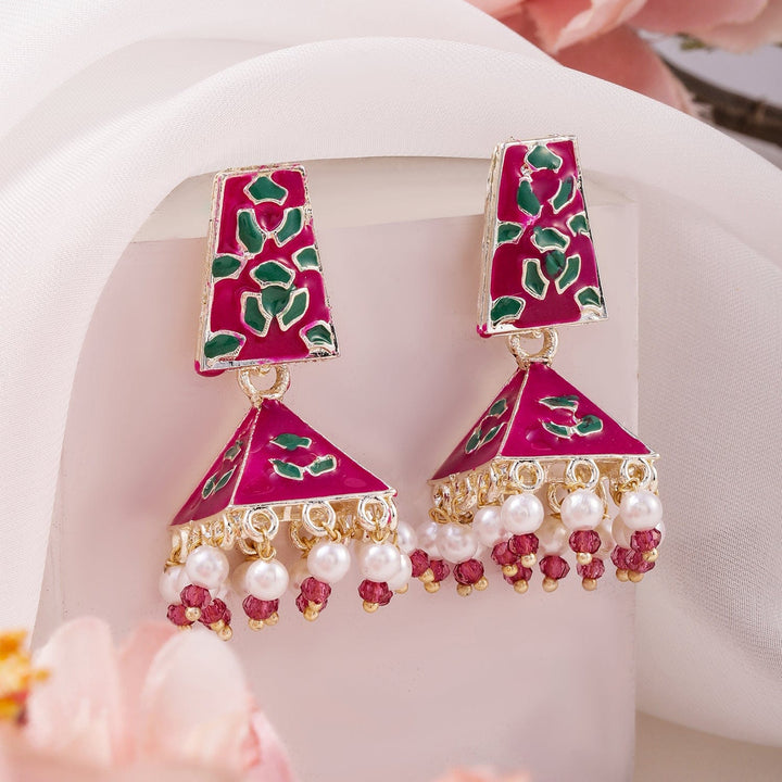 Rubans 18K Gold-Plated Pink & Green Enamelled Jhumka Earring with Pearl and Bead Detailing Jhumka Earrings