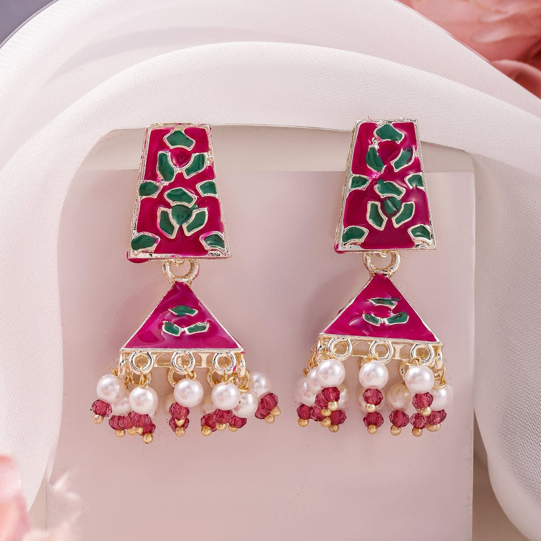 Rubans 18K Gold-Plated Pink & Green Enamelled Jhumka Earring with Pearl and Bead Detailing Jhumka Earrings