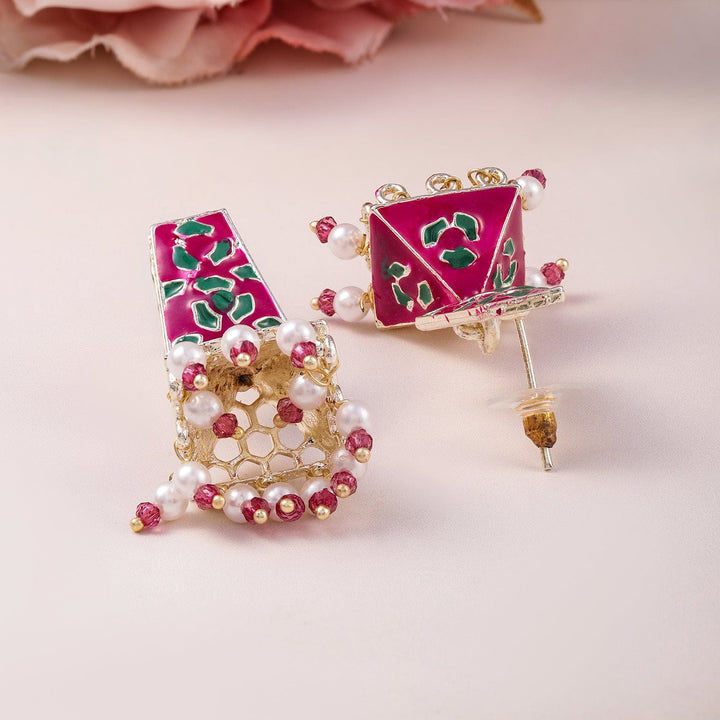 Rubans 18K Gold-Plated Pink & Green Enamelled Jhumka Earring with Pearl and Bead Detailing Jhumka Earrings